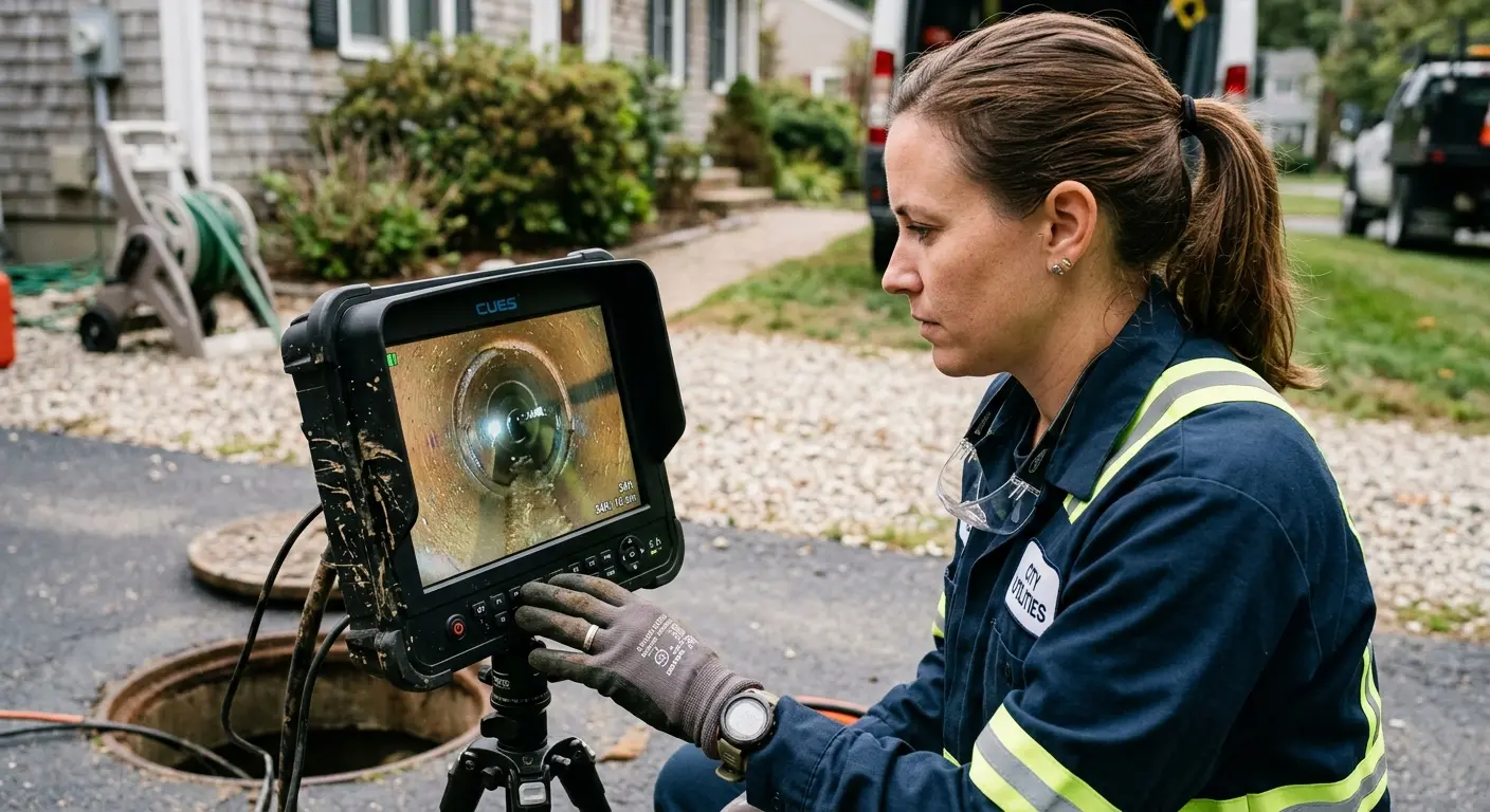 Technician reviewing sewer camera inspection footage in Lake Zurich
