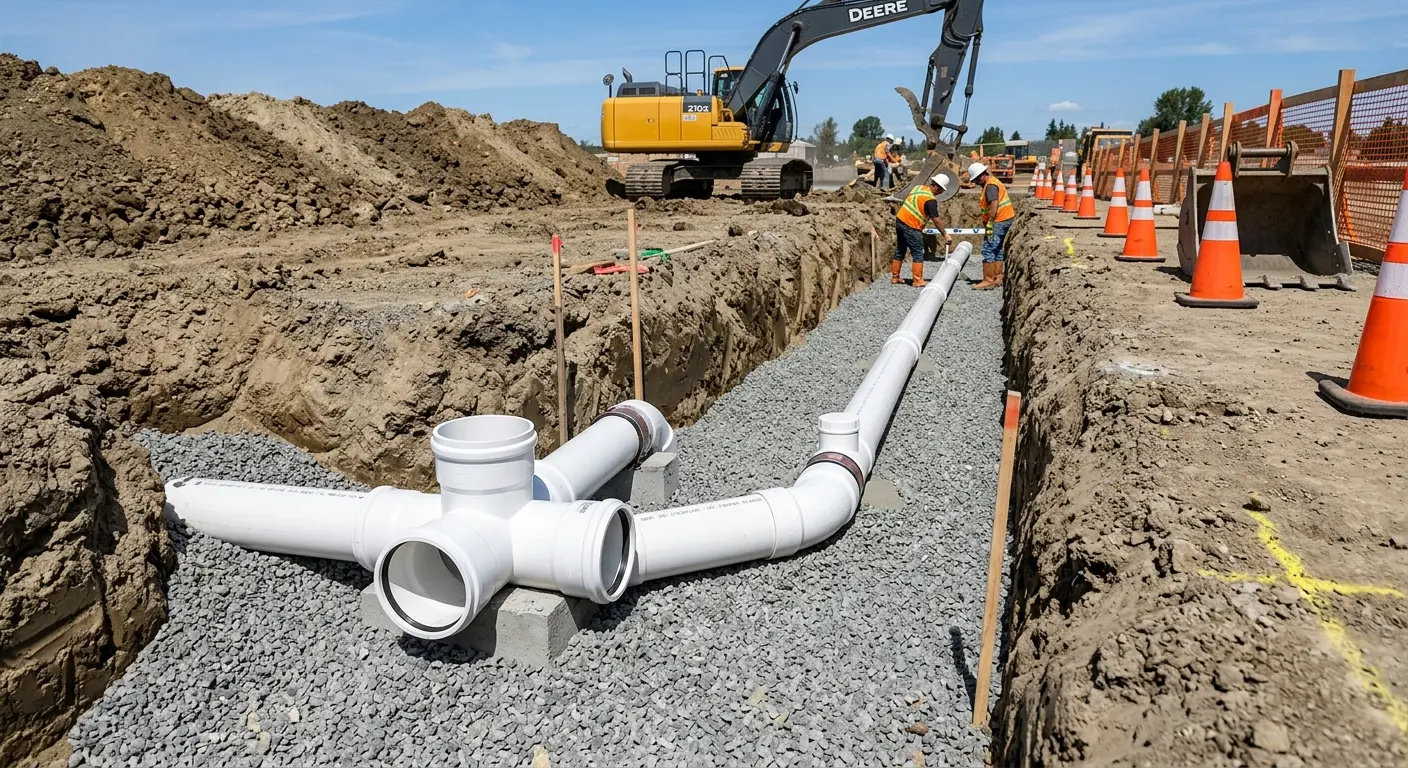 New PVC sewer pipe installation in open trench for Sewer Backup in Lake Zurich