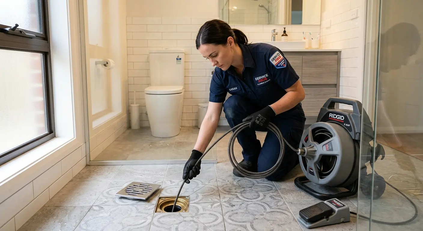 Technician clearing a bathroom floor drain for Drain Cleaning in Lake Zurich